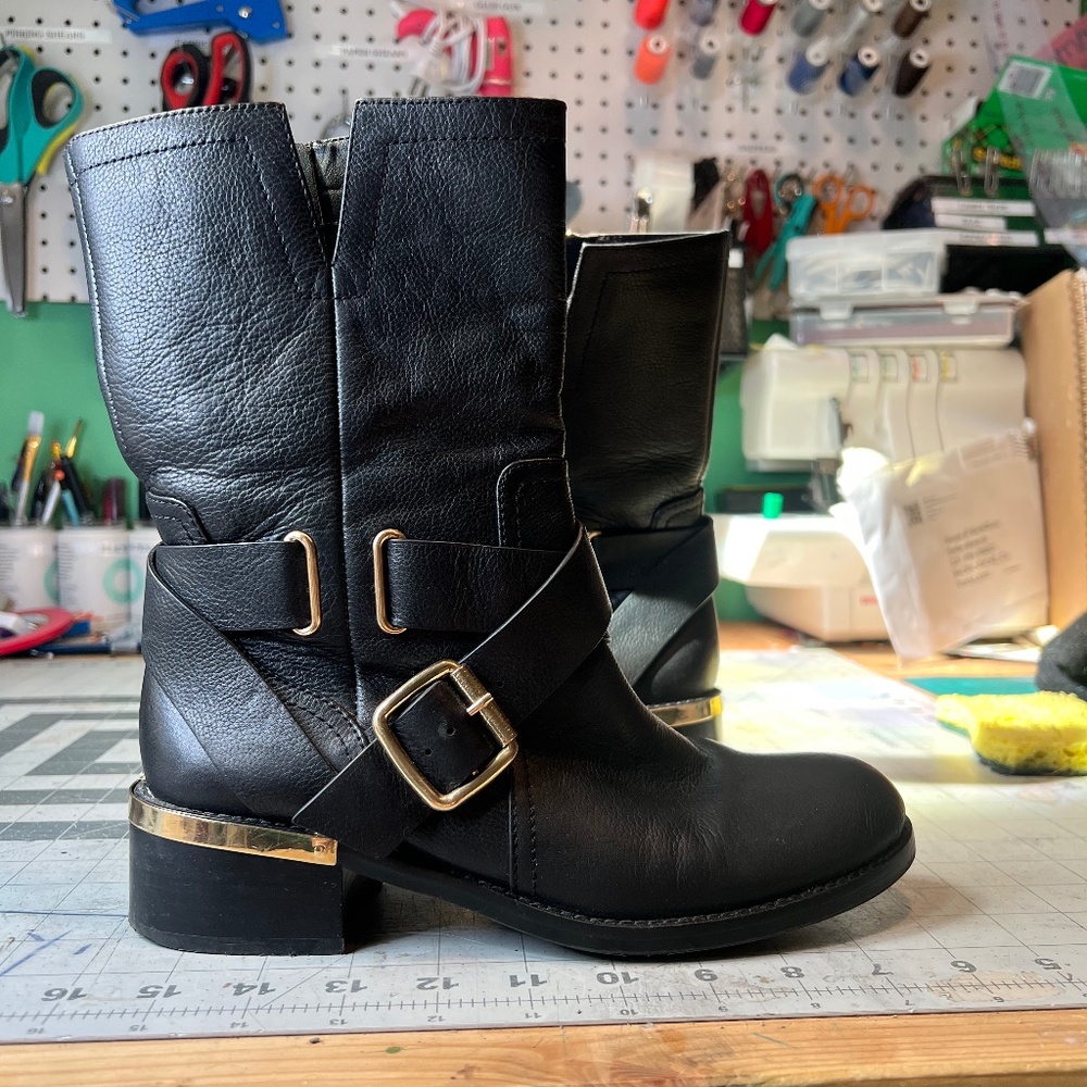 Vince Camuto Black and Gold Moto Boots